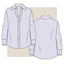 Load image into Gallery viewer, flat sketch, technical drawing, garment design, tech pack template, apparel tech pack, tee shirt tech pack, womens tee tech pack, womens shirt technical drawing, womens tee vector, fashion resources, start up fashion, sampling, production, download tech pack, tech pack design, custom tech pack, fashion advice for small brands, womens blouse, blouse technical drawing,