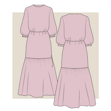 Load image into Gallery viewer, dress technical drawing, long sleeve dress, tiered dress, layered dress, dress technical drawing, garment design, tech pack for dress
