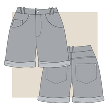 Load image into Gallery viewer, denim shorts. denim shorts technical drawing, denim shorts fashion flat, tech pack template, tech pack design, tech pack apparel, tech pack fashion, fashion tech pack template, tech pack example, how to make tech pack, fashion student, advanced tech pack