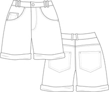 Load image into Gallery viewer, denim shorts. denim shorts technical drawing, denim shorts fashion flat, tech pack template, tech pack design, tech pack apparel, tech pack fashion, fashion tech pack template, tech pack example, how to make tech pack, fashion student, advanced tech pack