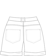 Load image into Gallery viewer, denim shorts. denim shorts technical drawing, denim shorts fashion flat, tech pack template, tech pack design, tech pack apparel, tech pack fashion, fashion tech pack template, tech pack example, how to make tech pack, fashion student, advanced tech pack