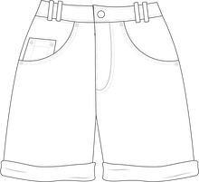 Load image into Gallery viewer, denim shorts. denim shorts technical drawing, denim shorts fashion flat, tech pack template, tech pack design, tech pack apparel, tech pack fashion, fashion tech pack template, tech pack example, how to make tech pack, fashion student, advanced tech pack