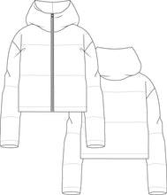 Load image into Gallery viewer, puffer jacket technical drawing, jacket fashion flat, puffer jacket technical drawing, jacket tech pack, jacket tech pack template, garment design, fashion resources, start up fashion, sampling, production, tech pack template, fashion templates for download, fashion advice for small brands