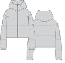 Load image into Gallery viewer, puffer jacket technical drawing, jacket fashion flat, puffer jacket technical drawing, jacket tech pack, jacket tech pack template, garment design, fashion resources, start up fashion, sampling, production, tech pack template, fashion templates for download, fashion advice for small brands