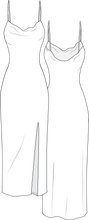 Load image into Gallery viewer, technical drawing, women’s dress technical drawing, women’s dress fashion vector, tech pack download, technical drawing women’s dress, garment design, fashion vector, women’s dress fashion flat, Fibr, fashion, small business, start-up, production, sampling, ruching details, split skirt