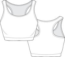 Load image into Gallery viewer, sports bra, activewear fashion flat, activewear tech pack, tech pack template, activewear fashion manufacturing, garment design, activewear sampling, technical drawing sports bra, transparent technical drawing