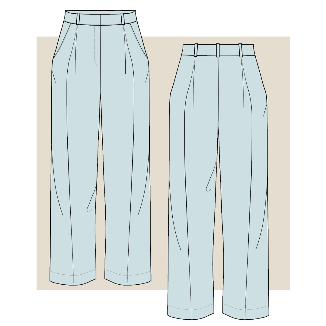 Flared Trousers technical fashion illustration. Plaid Pants fashion flat  technical drawing template, button closure, front back view, white, grey,  women, men, unisex CAD mockup set:: موقع تصميمي