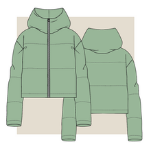 Load image into Gallery viewer, puffer jacket technical drawing, jacket fashion flat, puffer jacket technical drawing, jacket tech pack, jacket tech pack template, garment design, fashion resources, start up fashion, sampling, production, tech pack template, fashion templates for download, fashion advice for small brands, fibr, fibr studios
