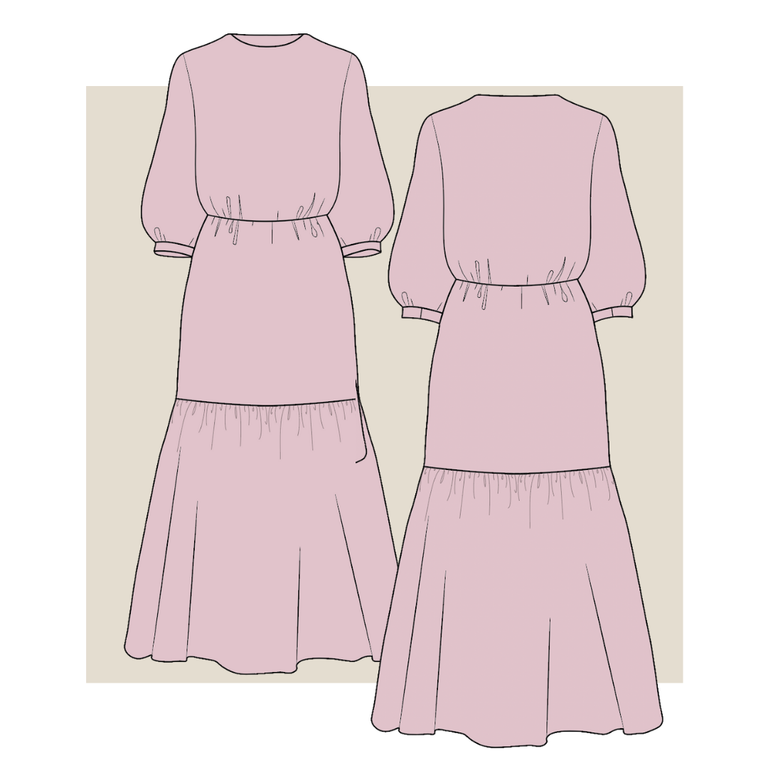 dress technical drawing, long sleeve dress, tiered dress, layered dress, dress technical drawing, garment design, tech pack for dress