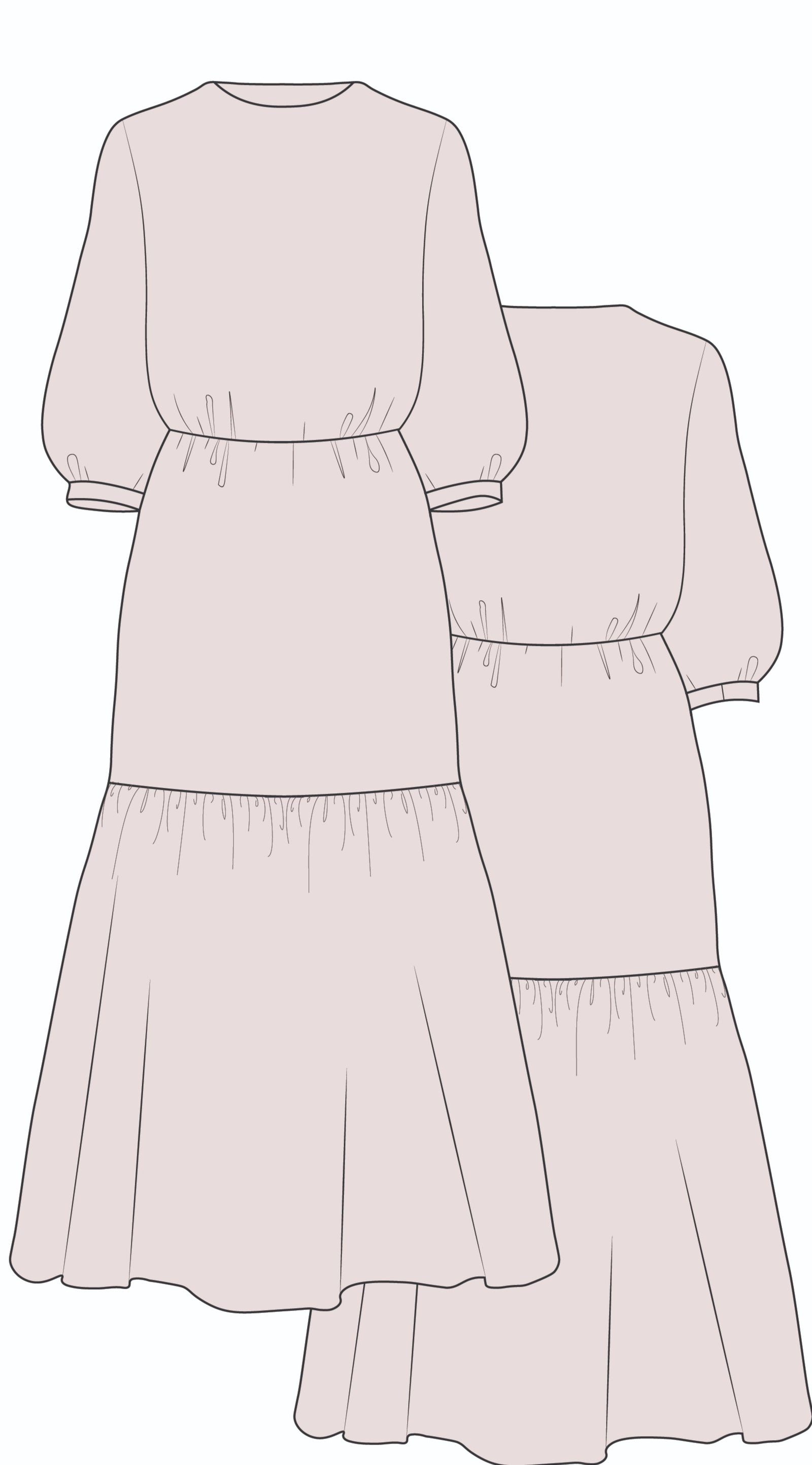 dress technical drawing, long sleeve dress, tiered dress, layered dress, dress technical drawing, garment design, tech pack for dress
