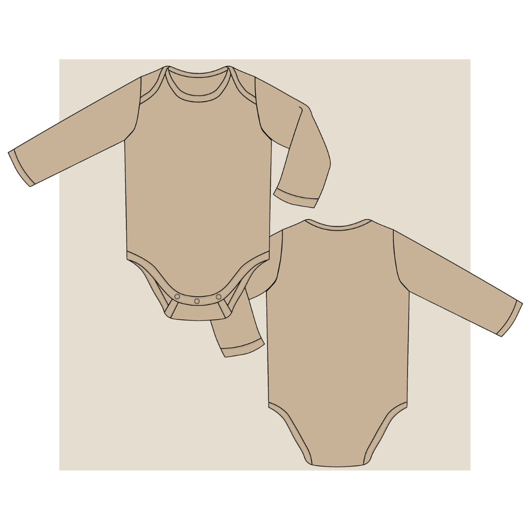 baby onesie, long sleeve baby onesie, technical drawing baby onesie, tech pack, technical drawing onesie, kids technical drawing, fashion technical drawings, baby onesie fashion drawing, tech pack templates, production, sampling