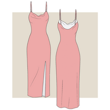 Load image into Gallery viewer, technical drawing, women’s dress technical drawing, women’s dress fashion vector, tech pack download, technical drawing women’s dress, garment design, fashion vector, women’s dress fashion flat, Fibr, fashion, small business, start-up, production, sampling, ruching details, split skirt
