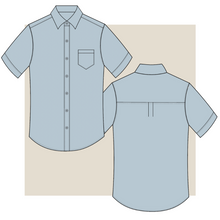 Load image into Gallery viewer, technical drawing, short sleeve shirt technical drawing, short sleeve shirt     fashion vector, tech pack download, technical drawing short sleeve shirt, garment design, fashion vector, short sleeve shirt fashion flat, Fibr, fashion, small business, start-up, production, sampling 
