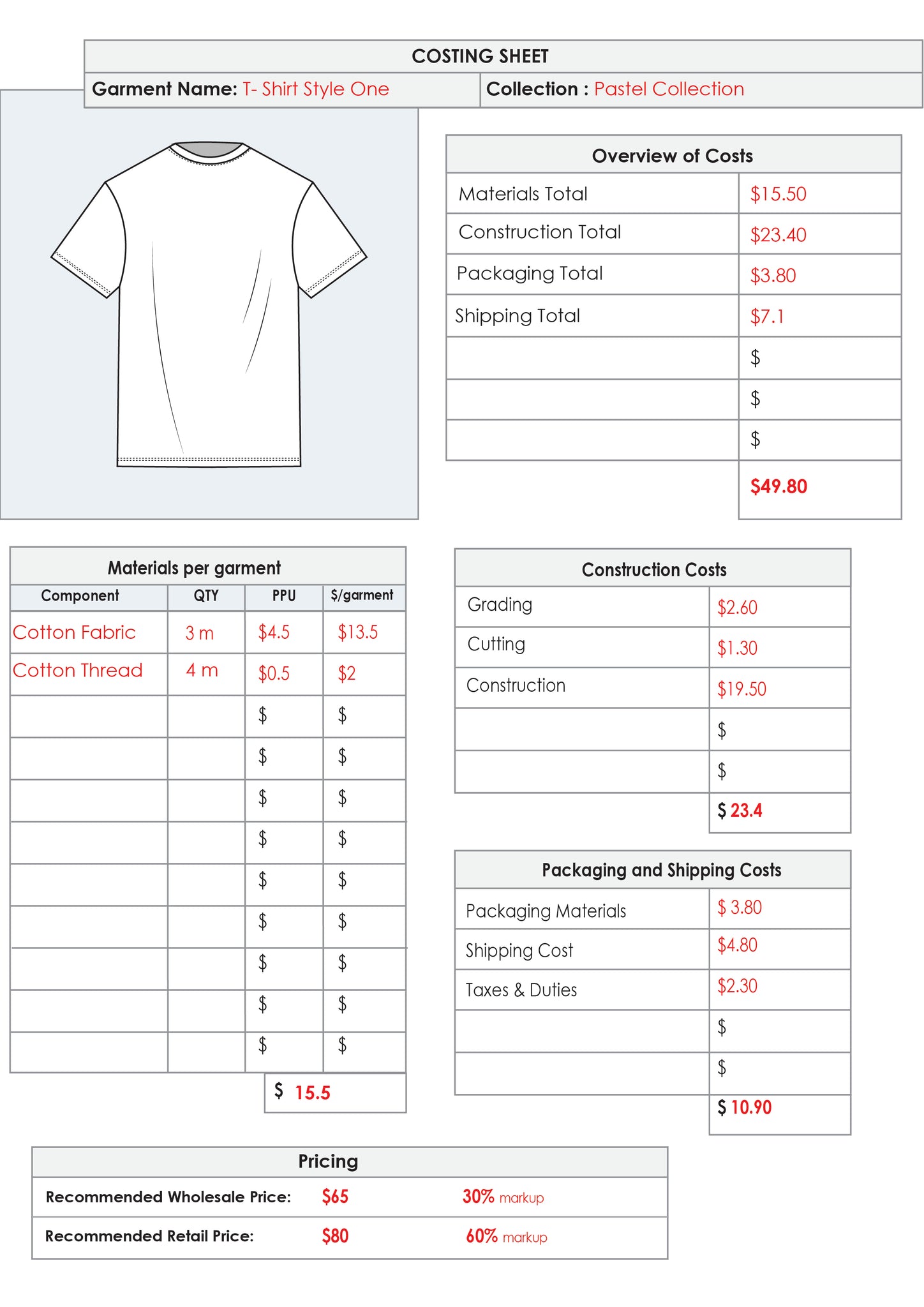 Fashion Costing Sheet Template