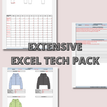 Load image into Gallery viewer, excel tech pack, excel tech pack download, tech pack template, tech pack designer, custom tech pack, excel spec sheet, excel fashion tech pack, garment design, fashion flat, sampling, garment manufacturing, vietnam clothing manufacturers, apparel tech packm
