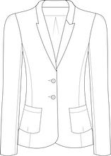 Load image into Gallery viewer, flat sketch, technical drawing, garment design, tech pack template, apparel tech pack, womens blazer tech pack, womens blazer tech pack, womens blazer technical drawing, womens fitted blazer vector, fashion resources, start up fashion, sampling, production, download tech pack, tech pack design, custom tech pack, fashion advice for small brands, womens blazer technical drawing, blazer technical drawing,
