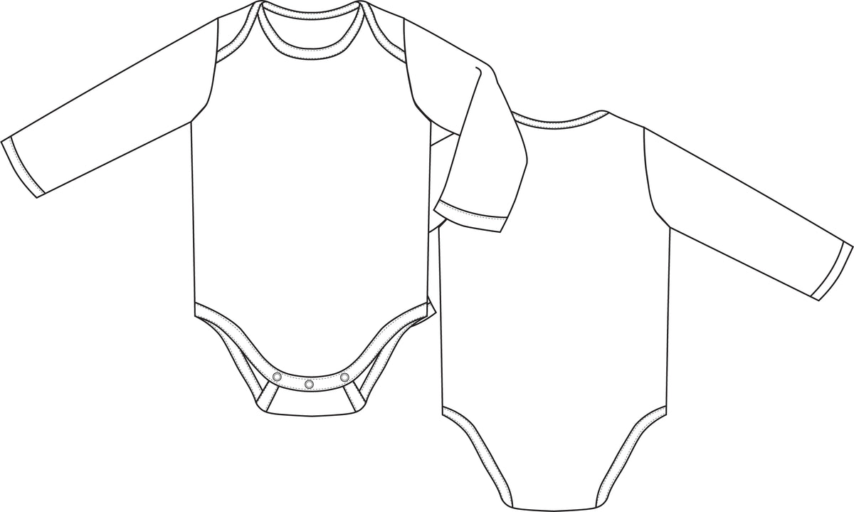 baby onesie, long sleeve baby onesie, technical drawing baby onesie, tech pack, technical drawing onesie, kids technical drawing, fashion technical drawings, baby onesie fashion drawing, tech pack templates